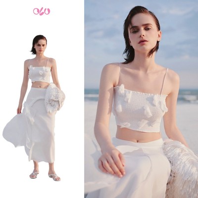 Set áo OLV 2 dây và chân váy tơ mềm mịn đính hoa điệu đà Amzie phù hợp đi biển đi chơi