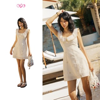 Đầm chữ A cổ vuông phối viền bèo dễ thương hoa nổi Jemma phù hợp đi biển đi chơi OLV