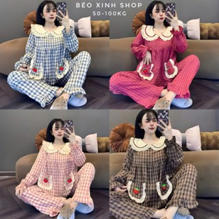  Đồ Bộ - Đồ Ngủ Tay Dài Quần Dài Vải Đũi Caro Tiểu Thư Pijama Bigsize 50-100kg Bộ Ngủ Nữ Áo Ngủ Women Quần Ngủ - A.5644 
