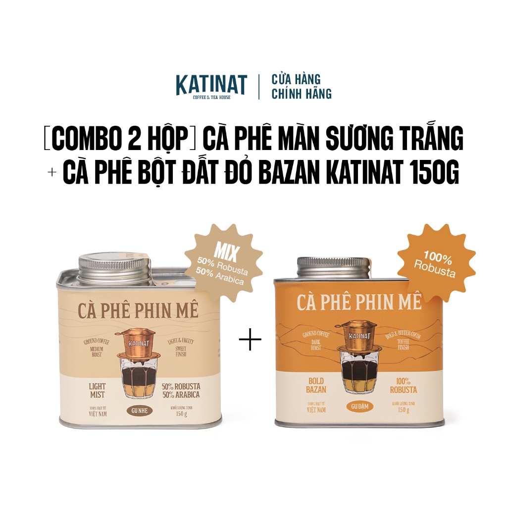 [Combo 2 Hộp] Cà Phê Màn Sương Trắng KATINAT 150g và Cà Phê Bột Đất đỏ Bazan KATINAT 150g