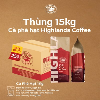 Thùng 15kg Cà Phê Hạt Full City Roast Highlands Coffee 1Kg/túi
