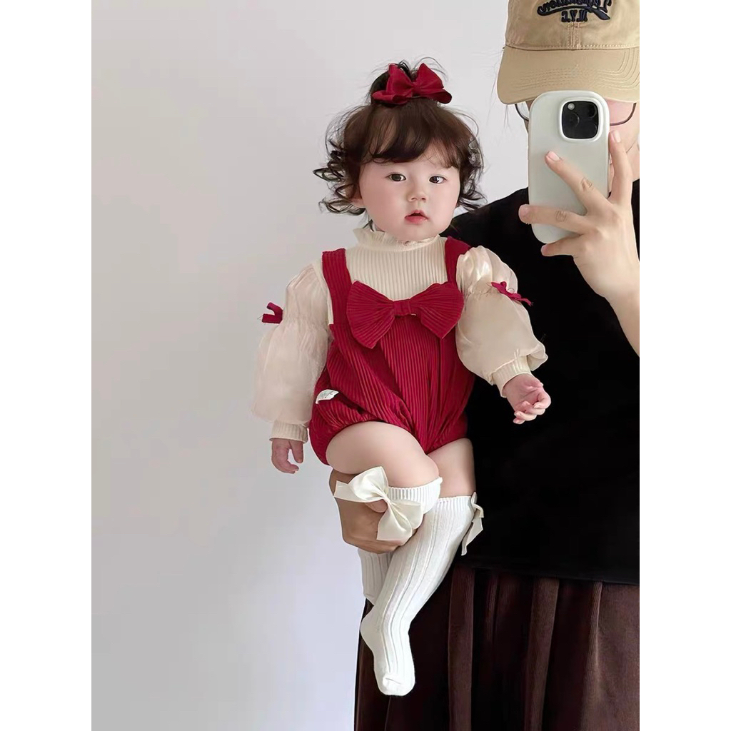Bodysuit cho bé gái SUSHI BABY SHOP đồ liền thân sơ sinh đỏ đính nơ tay phồng đầm đầy tháng thôi nôi