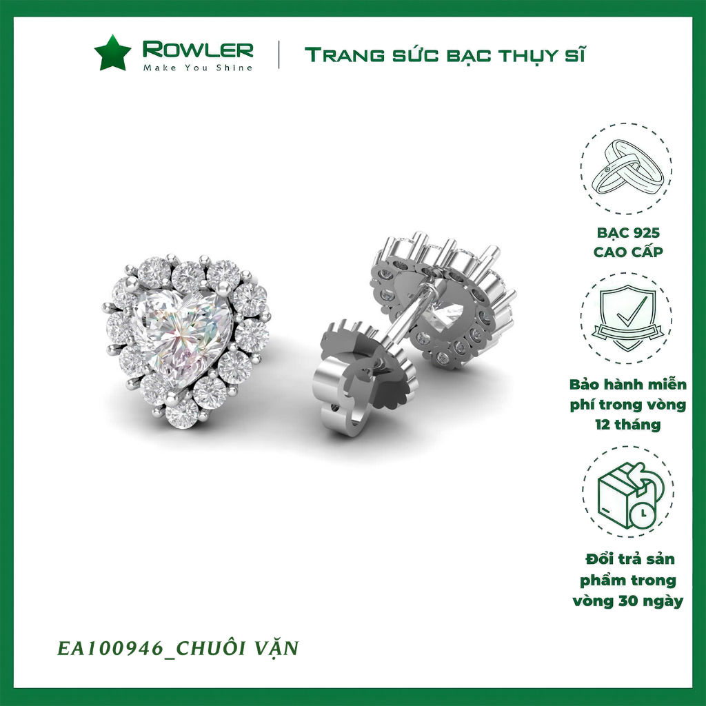 Bông tai chuôi vặn Halo trái tim bạc 925 đính đá Cubic Zirconia tim 5.0ly- ROWLER - EA100946