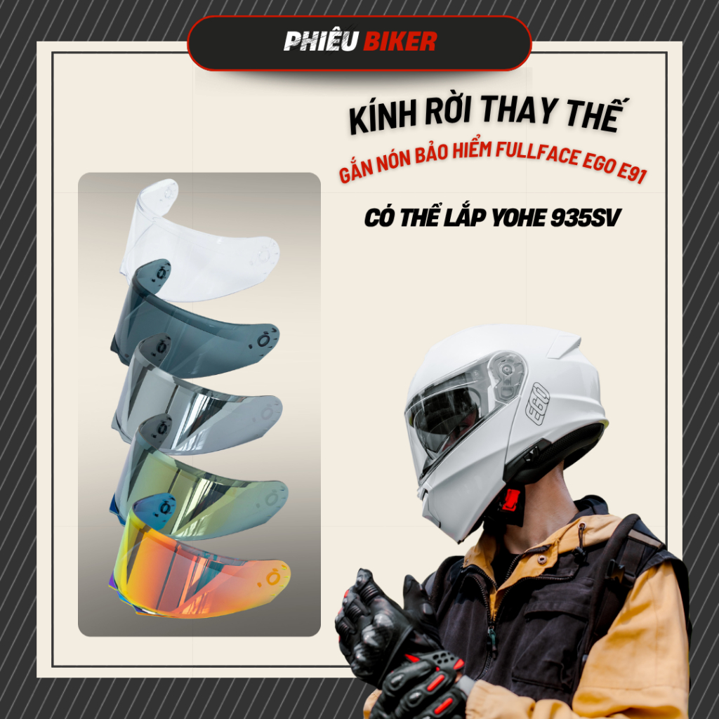 Kính rời thay thế cho nón bảo hiểm EGO E91 và YOHE 935 SV