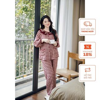 Bộ đồ ngủ mặc nhà Nari họa tiết kẻ caro trẻ trung, chất liệu đũi mềm mại kiểu dáng năng động BST 2024 thiêt kế by L'AMME