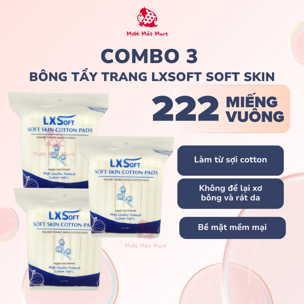 Combo 3 Bông tẩy trang LXSoft Soft Skin Cotton Pads 222 miếng vuông