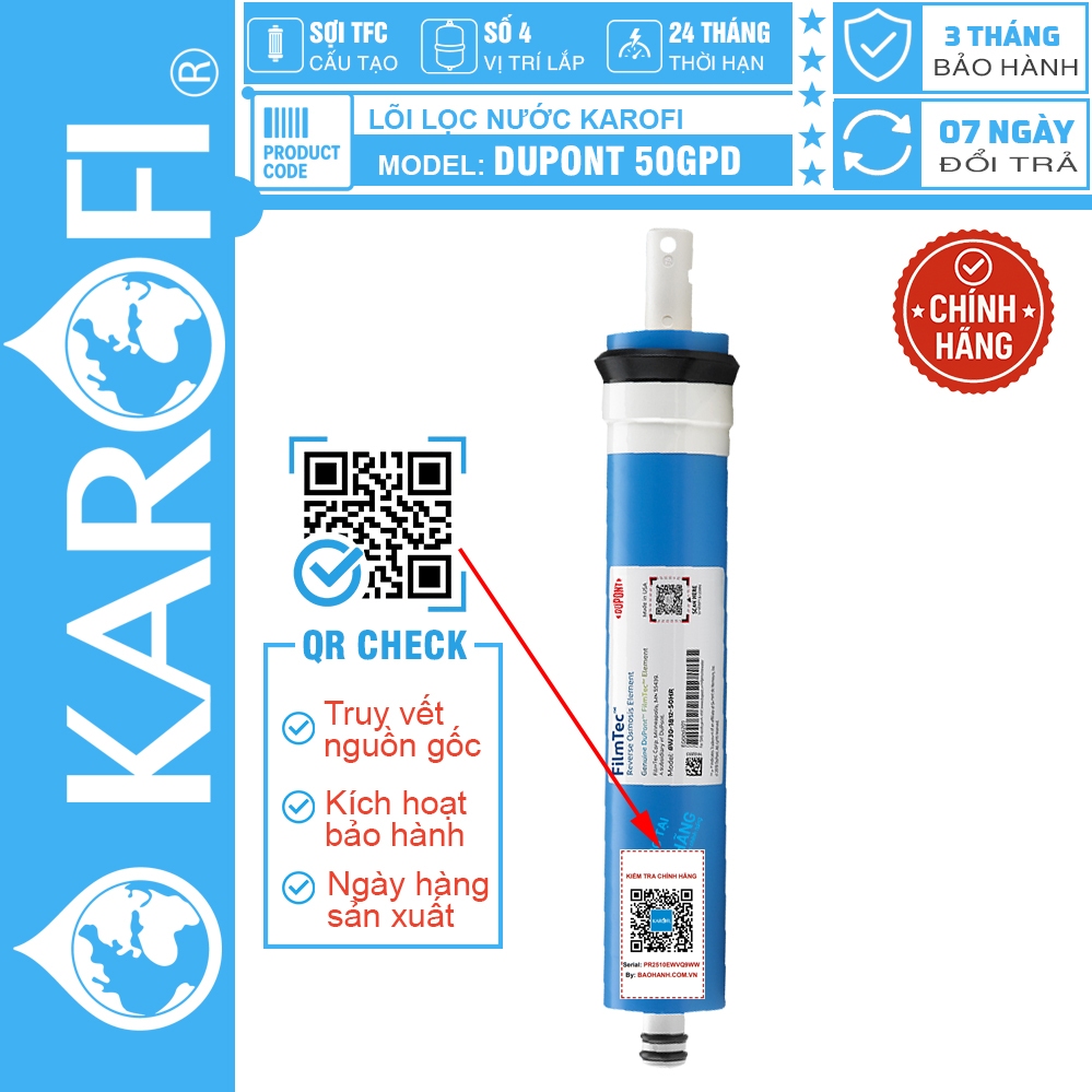 [CHÍNH HÃNG 100%] Lõi Lọc nước Karofi Số 4 - Màng Lọc RO Dupont 50GPD, CÓ TEM KÍCH HOẠT BẢO HÀNH CHÍ