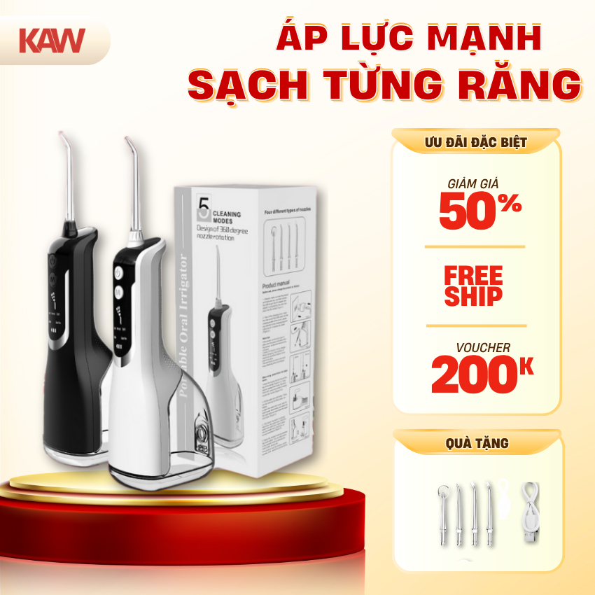 Máy Tăm Nước KAW Hàng Chính Hãng Fullbox Phụ Kiện Kèm 4 Đầu Tăm, Bình lớn, tốc độ mạnh, pin trâu.