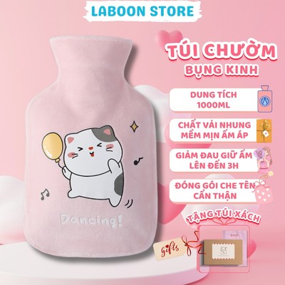 Túi chườm ấm đa năng LABOON chất liệu cao su PVC 1000ml giữ nhiệt sưởi ấm đa năng lông nhung mềm mại