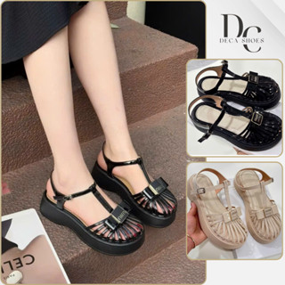 Sandal nữ đế bánh mì mũi tròn phối nơ sandal rọ nữ da bóng mềm họa tiết nơ miu miu hàng VN - Decas Shoes 
