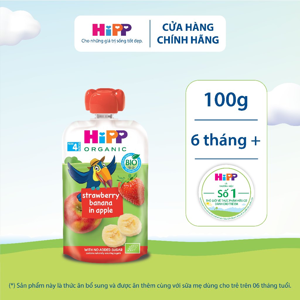 Dinh dưỡng 100% Trái cây nghiền Organic HiPPiS Dâu tây, Chuối, Táo 100g