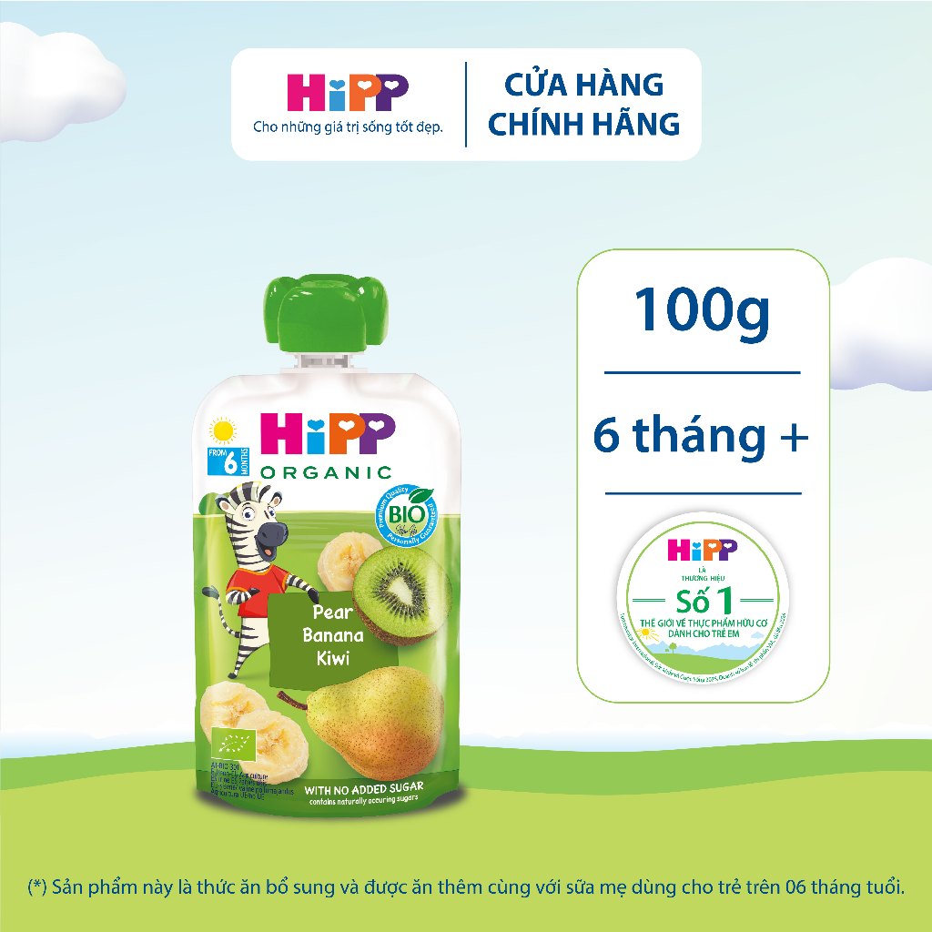 Dinh dưỡng 100% Trái cây nghiền Organic HiPPiS Kiwi, Lê, Chuối 100g, dành cho bé từ 6 tháng tuổi