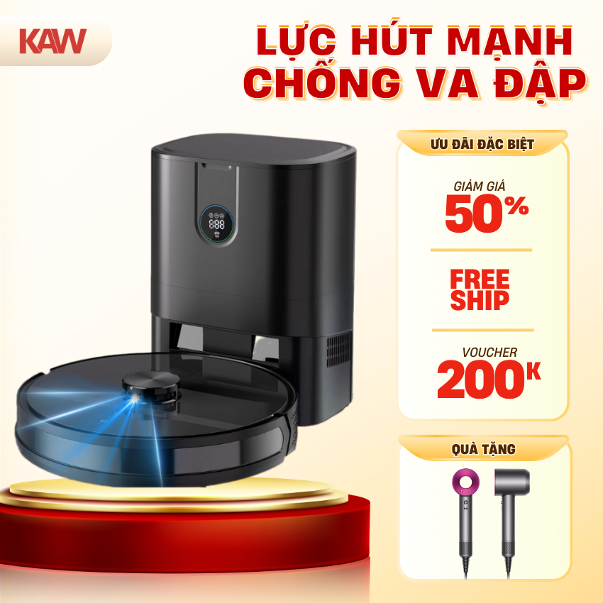 Robot hút bụi lau nhà KAW - Lực hút mạnh mẽ - Điều hướng tự động - Lau dọn theo bản đồ