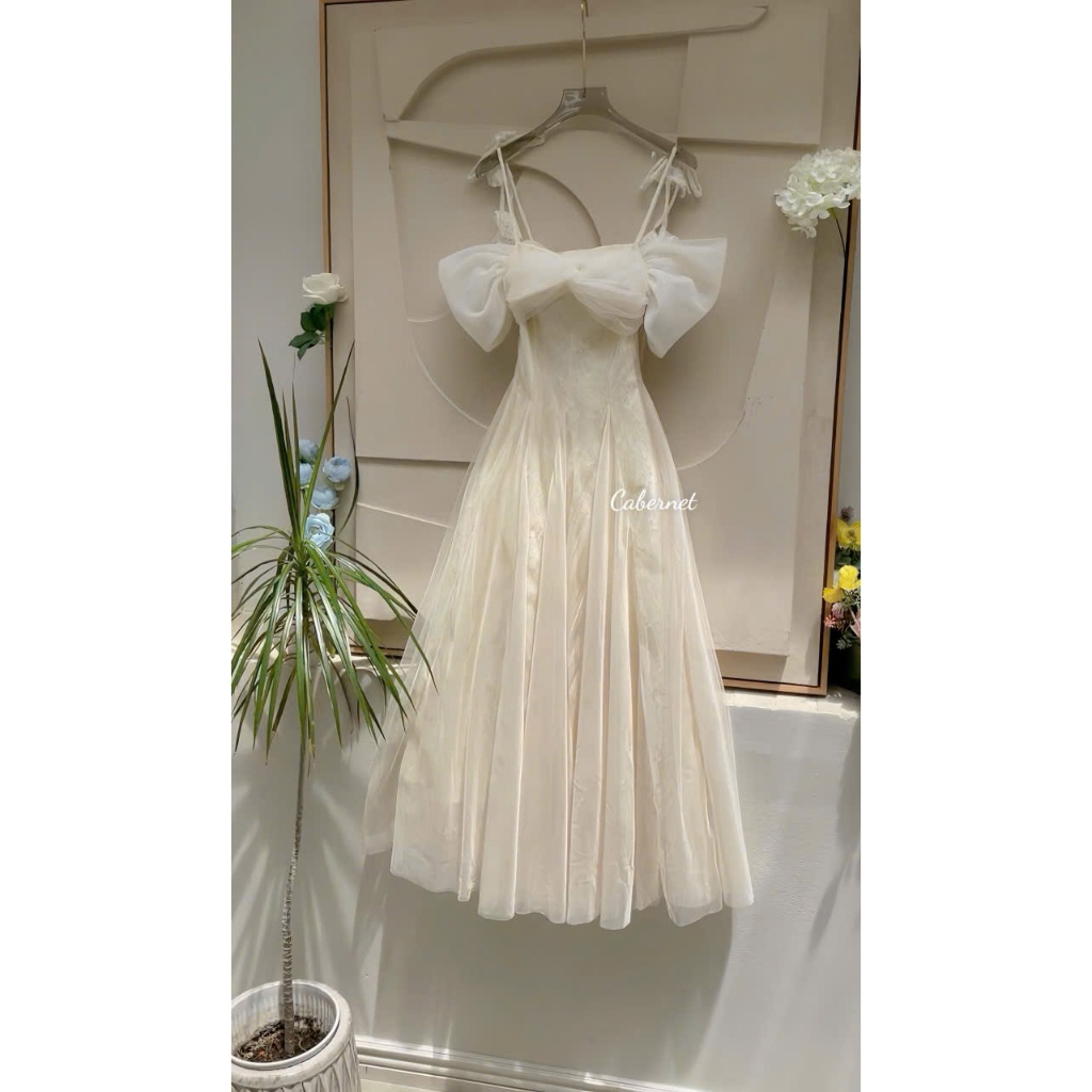  D339 Cabernet Biscus Dress trễ vai dáng dài form xòe 