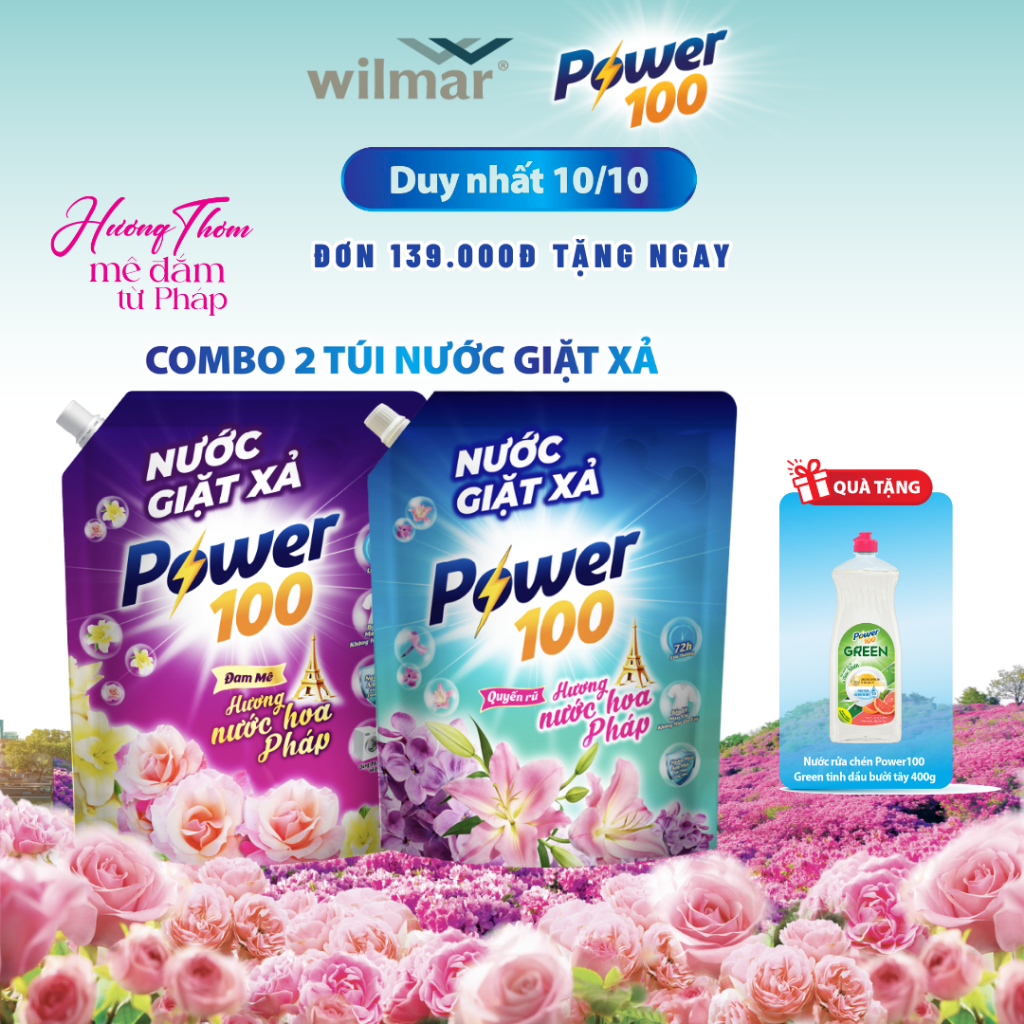 Nước Giặt Xả Power100 Hương Nước Hoa Pháp Túi 3.2KG