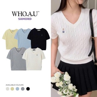 [AUTHENTIC 100%] Áo thun len nữ cổ V Whoau thêu hình gấu WHKAE2402F chất liệu co dãn thoáng mát, phong cách HQ sale