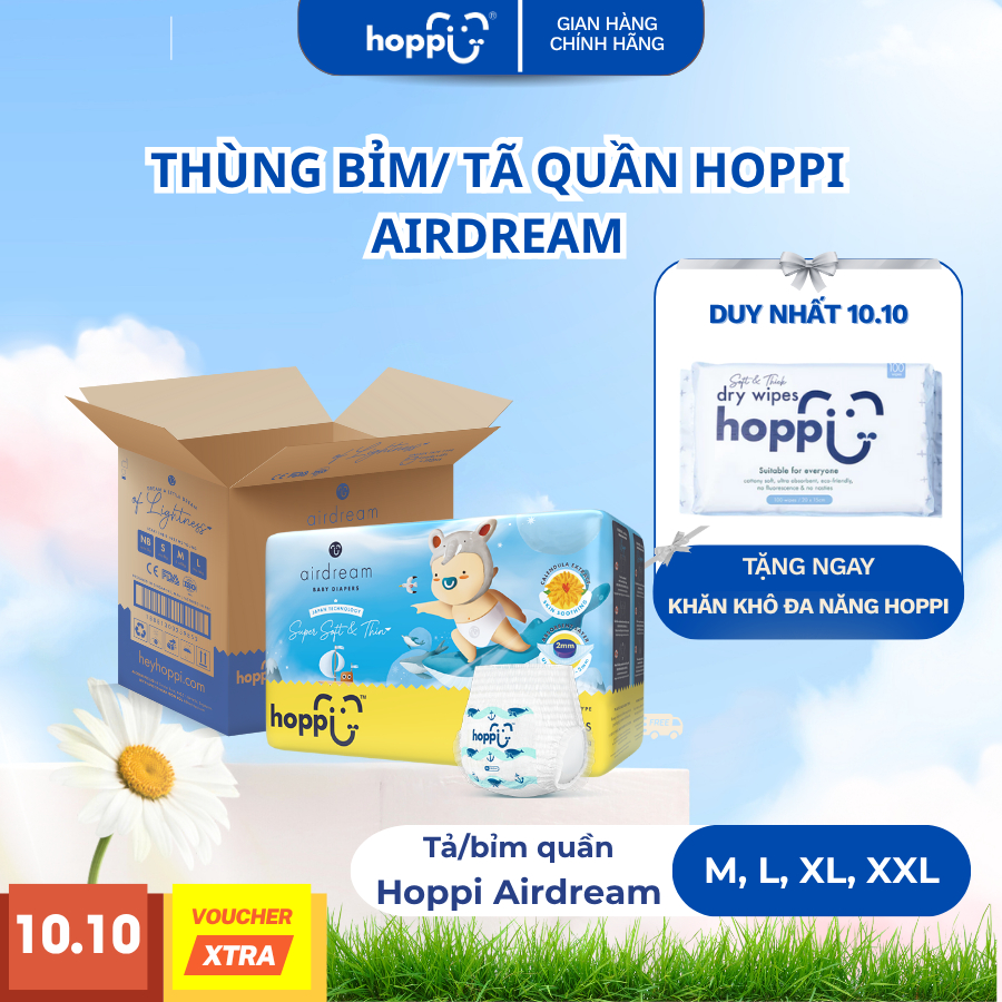 Thùng 4 Gói Bỉm Quần Hoppi Airdream Siêu Mỏng Nhẹ – Size M/L/XL/XXL – Cho Bé 6–25kg