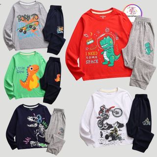 15 đến 40kg Bộ quần áo tay dài quần dài thun cotton cho bé trai hình khủng long hình xe hình bóng rổ 9T 