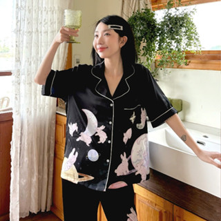  Bộ Pijama Lụa Nữ Tay Ngắn Lunar Night Màu Đen - Đồ Ngủ Pyjama Thiết Kế Sang Trọng ELRever - 1025S28 