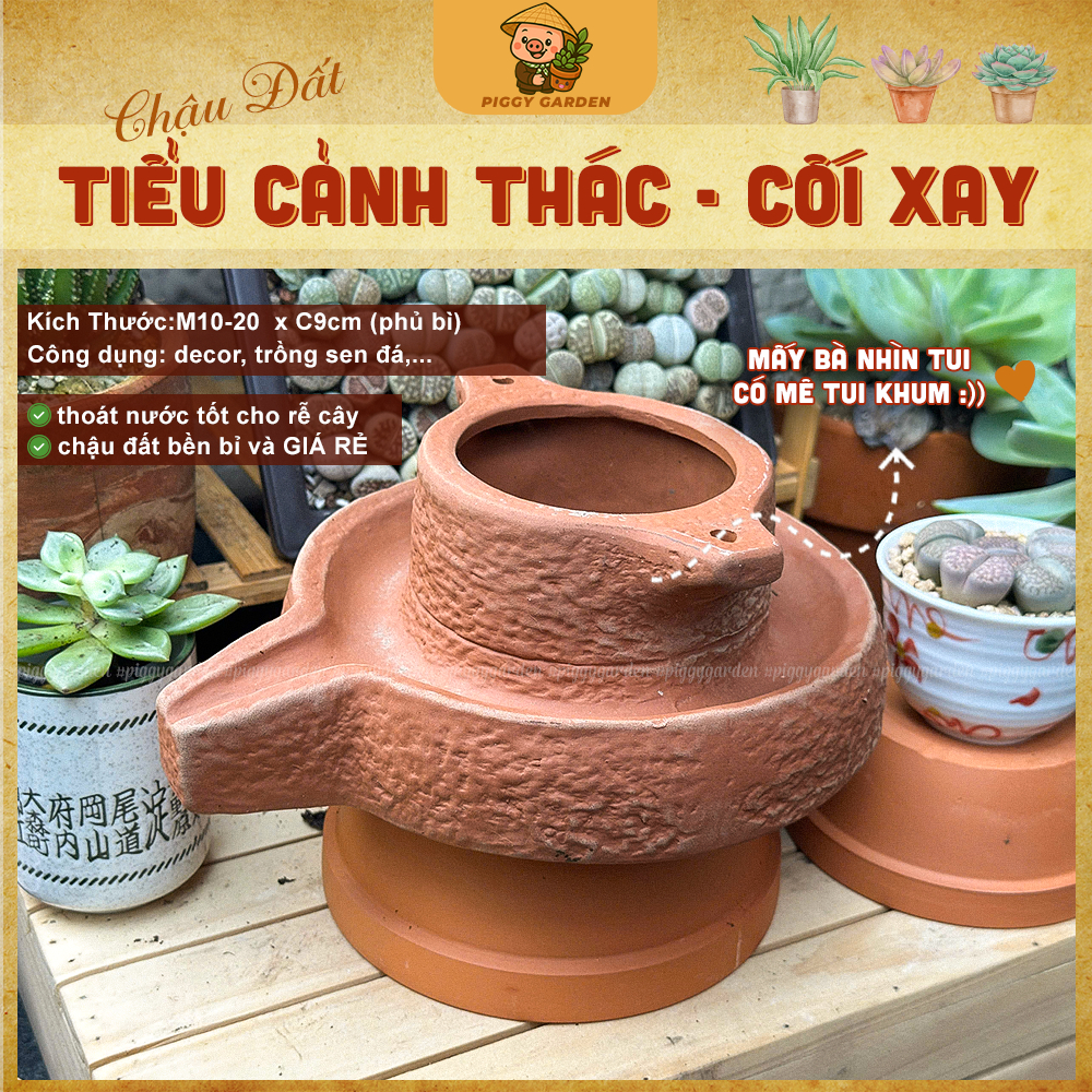 Chậu đất nung - Chậu trồng sen đá, xương rồng - Chậu trồng cây - tiểu cảnh thác nước - Chậu cối xay