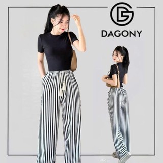  Quần kẻ ống rộng dáng suông nữ cạp chun lưng cao hoạ tiết kẻ sọc chất đũi thô nhăn Quần ống rộng 