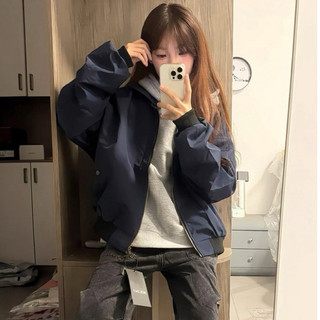  SẴN Áo khoác bomber unisex nam nữ màu xanh dương đậm cổ polo dài tay ấm mùa đông unisex style y2k dài tay form dài rộng 