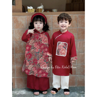 Áo dài Mẫu Đơn - Set cặp bé trai, bé gái và mẹ chất liệu lụa đũi Đậu Kids&Mom