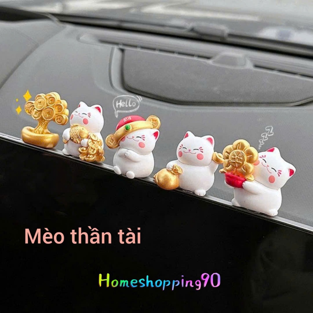 Set 4 Mèo Thần Tài May Mắn - Trang Trí Bàn Làm Việc, Ôto, Decor Bàn Học , Máy Tính