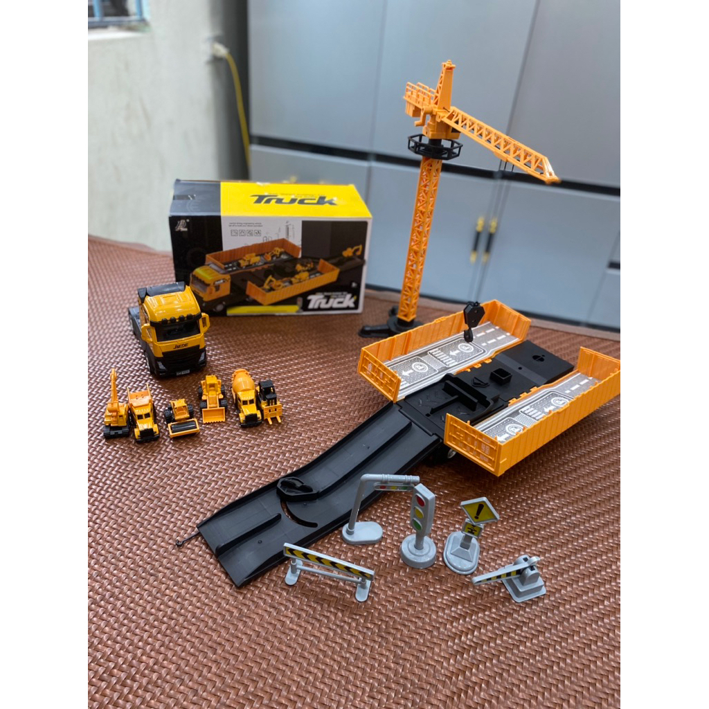 VIP NHẤT BST xe container kèm 6 xe công trường và cần cẩu hợp kim + abs làm quà tặng cho bé, đồ chơi