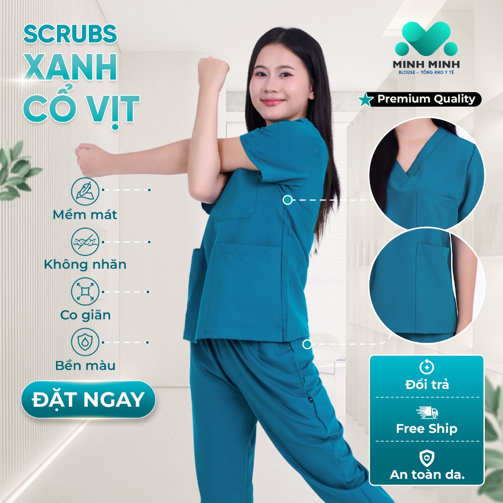 Bộ scrubs XANH CỔ VỊT mềm mát, thoải mái, thấm hút mồ hôi, đồng phục cho bác sĩ, bệnh viện, dược sĩ, điều dưỡng