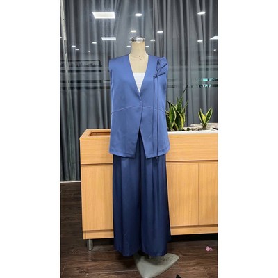 Set Gile Nữ Xanh Navy Nơ Vai Dáng Suông Phối Quần Suông MY WAY Elegant Flow Thanh Lịch Cao Cấp 2MQB0183 2MJLB411