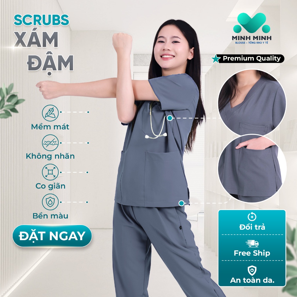 Đồng phục spa, thẩm mỹ, nha khoa, y tế, quần áo bác sĩ, điều dưỡng  VẢI CAO CẤP XÁM ĐẬM