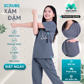 Đồng phục spa, thẩm mỹ, nha khoa, y tế, quần áo bác sĩ, điều dưỡng  VẢI CAO CẤP XÁM ĐẬM