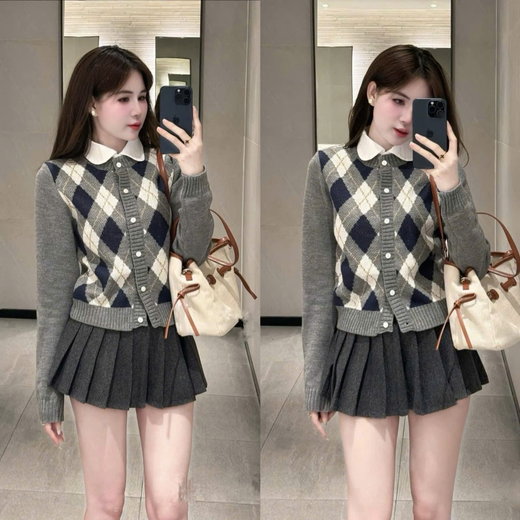 (QCCC): Áo Khoác Candigan Len Xám Trám Hình Thoi Phối Hàng Cúc Trắng Bo Gấu Style Hàn -Ảnh Thật Lola