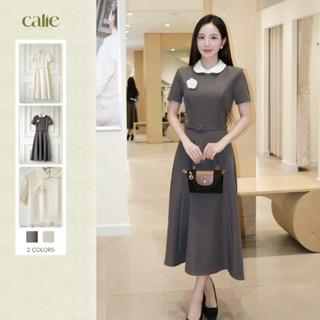 (Silent Sound) Váy dáng xòe cài hoa trà, cổ sen, chất liệu mềm mịn, đứng form, thời trang thiết kế Calie VX309