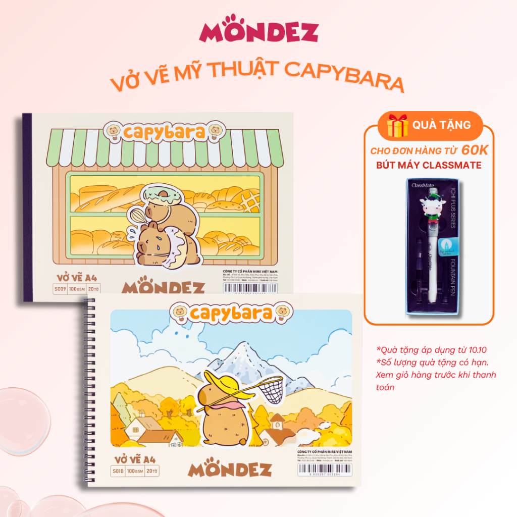 Vở Vẽ A4 Mondez hình Capybara Giấy Vàng Sần 100gsm Bám Chì Tốt Dễ Tán Màu, Sổ Vẽ Phác Thảo A4 Sketchbook