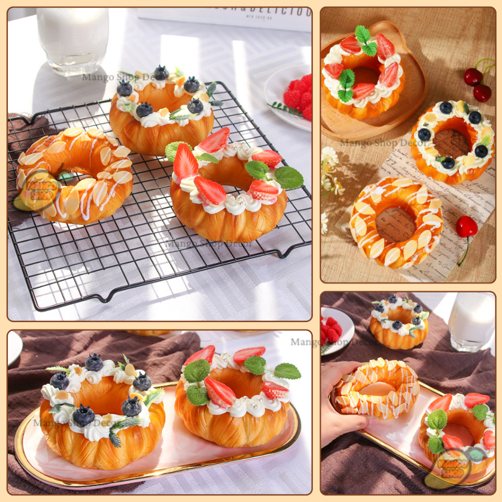 Mô Hình Squishy Mô Hình Bánh Vòng Dâu Tây Việt Quất Hạnh Nhân Giống Thật Decor Trang Trí Quán Cà Phê