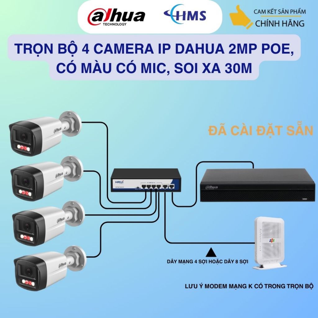 Trọn bộ 4 camera IP Dahua chính hãng có Màu có Mic 2MP ( mã cam HFW1239TL1-A-IL)