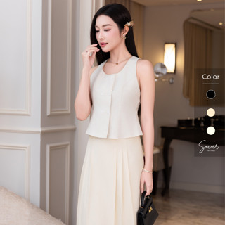 Áo gile nữ linen không tay công sở cổ tròn dáng lửng form suông nhẹ 2 hàng nút – Sower A06