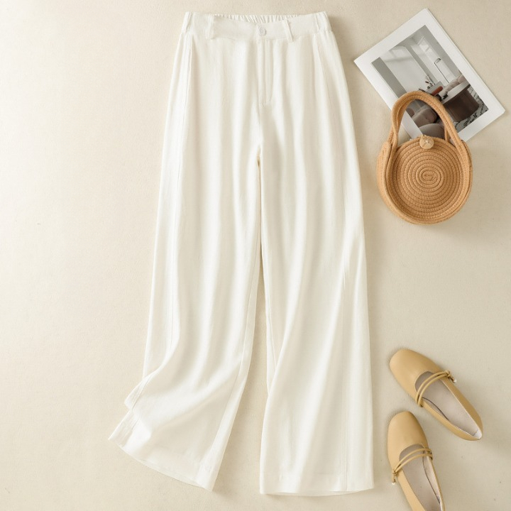 Quần nữ ống rộng dáng suông dài kiểu Nhật chun lưng phối khóa trước chất vải đũi mềm mát dễ mặc
