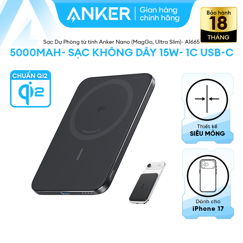[Siêu mỏng] Sạc dự phòng từ tính không dây Anker Nano Maggo Ultra Slim 5000mAh 15W | Đạt Qi2 | Mỏng nhỏ gọn - A1665