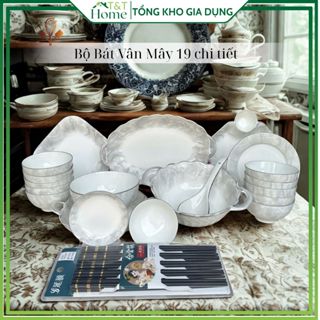 Bộ Bát Đĩa Vân Mây 19 Chi Tiết Kèm Quà Tặng 10 Đôi Đũa Và 1 Môi Canh Sứ