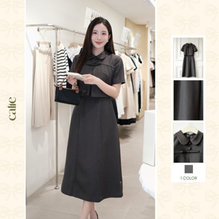   Silent Sound  Đầm giả set xếp ly súp và nơ ngực chất liệu chéo hàn cao cấp than lịch thời trang nữ Calie VA450 