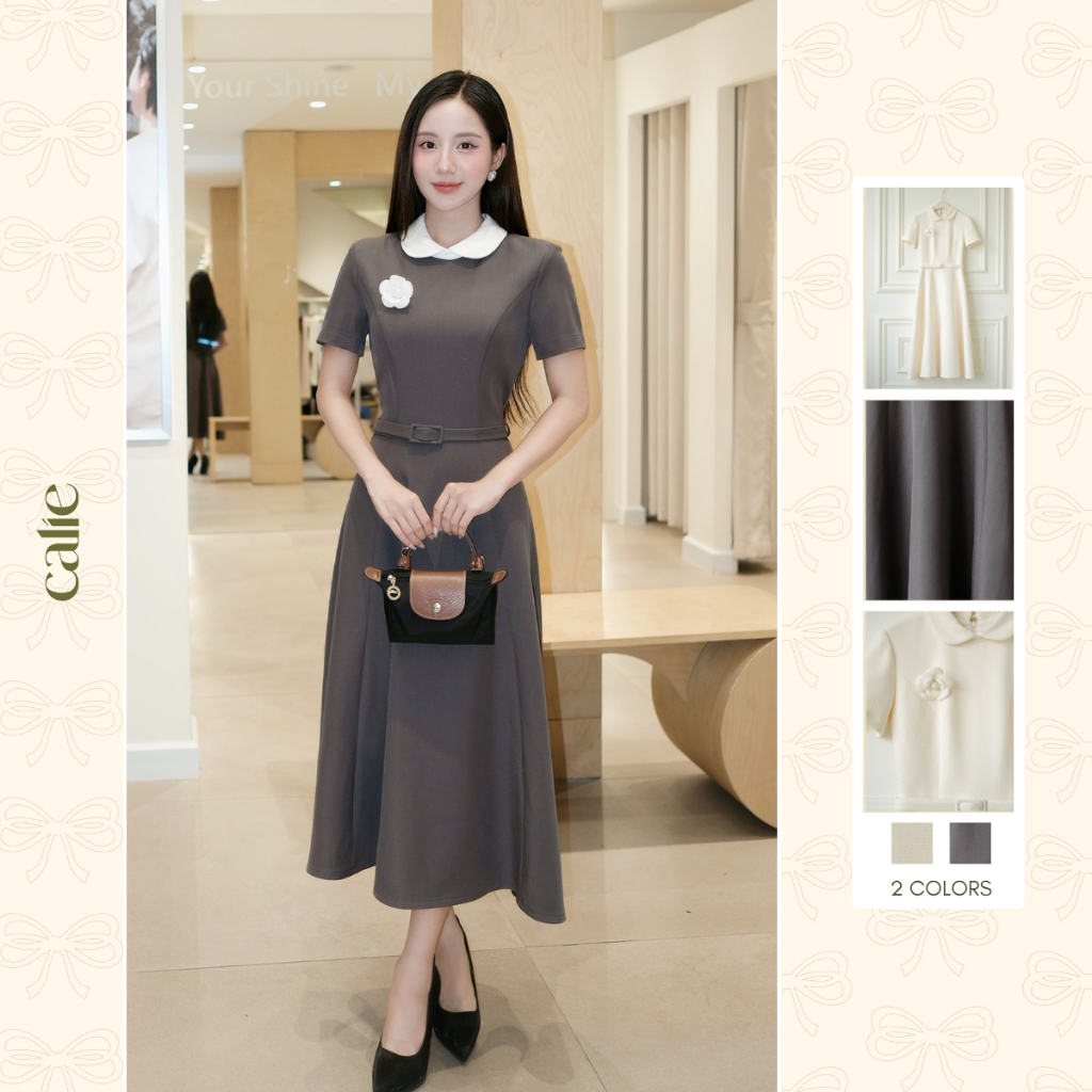(Silent Sound) Váy dáng xòe cài hoa trà, cổ sen, chất liệu cao cấp mềm mịn, thanh lịch, sang trọng Calie VX309 | BigBuy360 - bigbuy360.vn