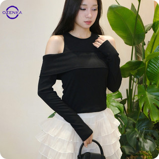  Áo kiểu nữ trễ vai tay dài 2 lớp len tăm Ozenka – áo thu đông ulzzang Hàn Quốc đen trắng sang chảnh 