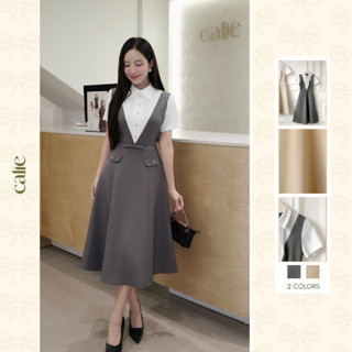   Silent Sound  Đầm phối trắng V trước ngực bấu ly thiết kế thanh lịch sang trọng thời trang thiết kế Calie VX308 