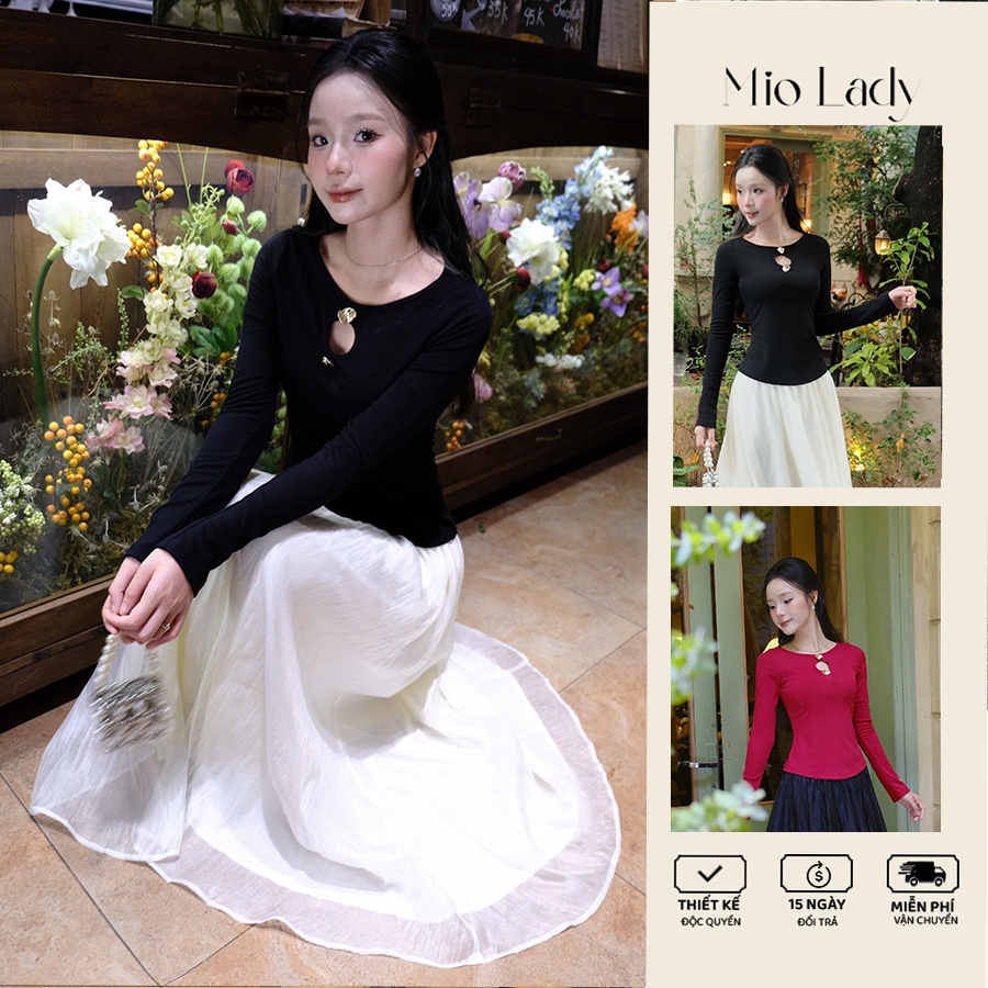 Áo thun tăm tiêu nữ dài tay khuy kim loại, chiết eo Mio Lady AO010