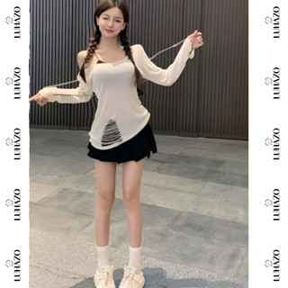 Áo len nữ dài tay trễ vai áo len dệt kim rách LUHAZO chất mongtoghi mỏng cá tính M102 T-1