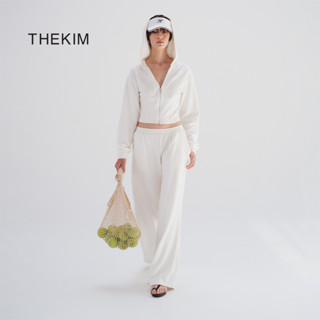  THEKIM Set áo khoác tay dài dáng ôm có mũ kéo khóa và quần ống suông rộng  chất len tăm lông CS366 