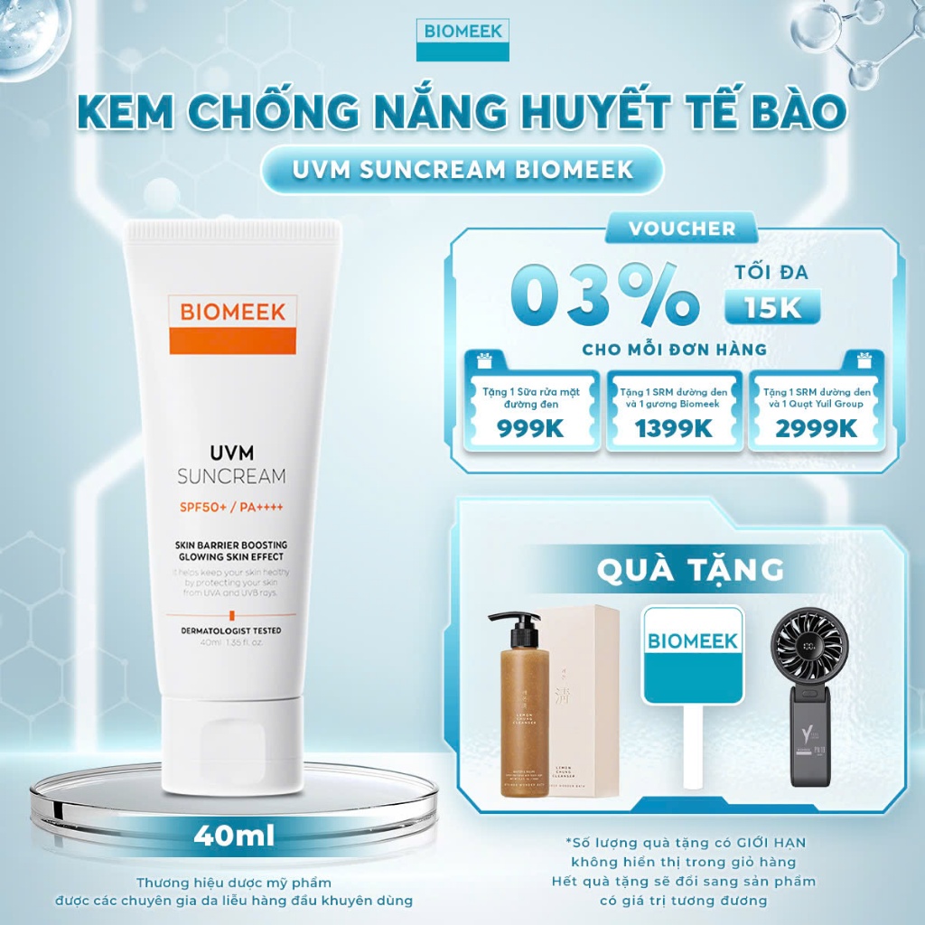   Biomeek  Kem chống nắng UVM Suncream cho da nhạy cảm SPF 50+ PA++++ 40ml 